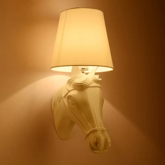 Rustic Resin Horse Head Wall Light with Bucket Shade - White, Ideal for Bedside