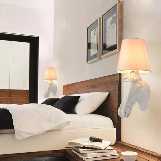 Rustic Resin Horse Head Wall Light with Bucket Shade - White, Ideal for Bedside