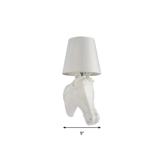 Rustic Resin Horse Head Wall Light with Bucket Shade - White, Ideal for Bedside