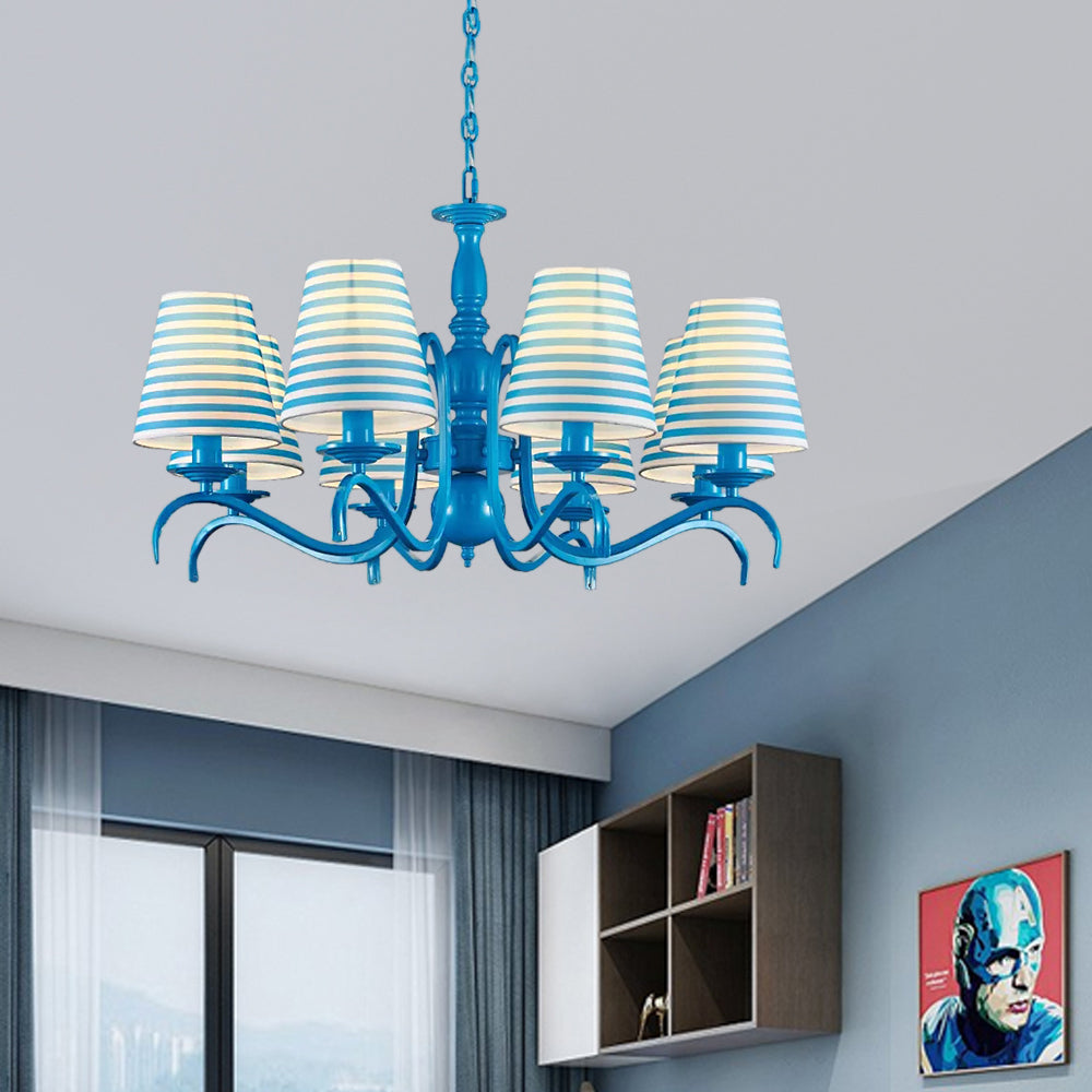 Nautical Suspension Chandelier - Tapered Metal Shade, 10 Blue Heads - Living Room Light