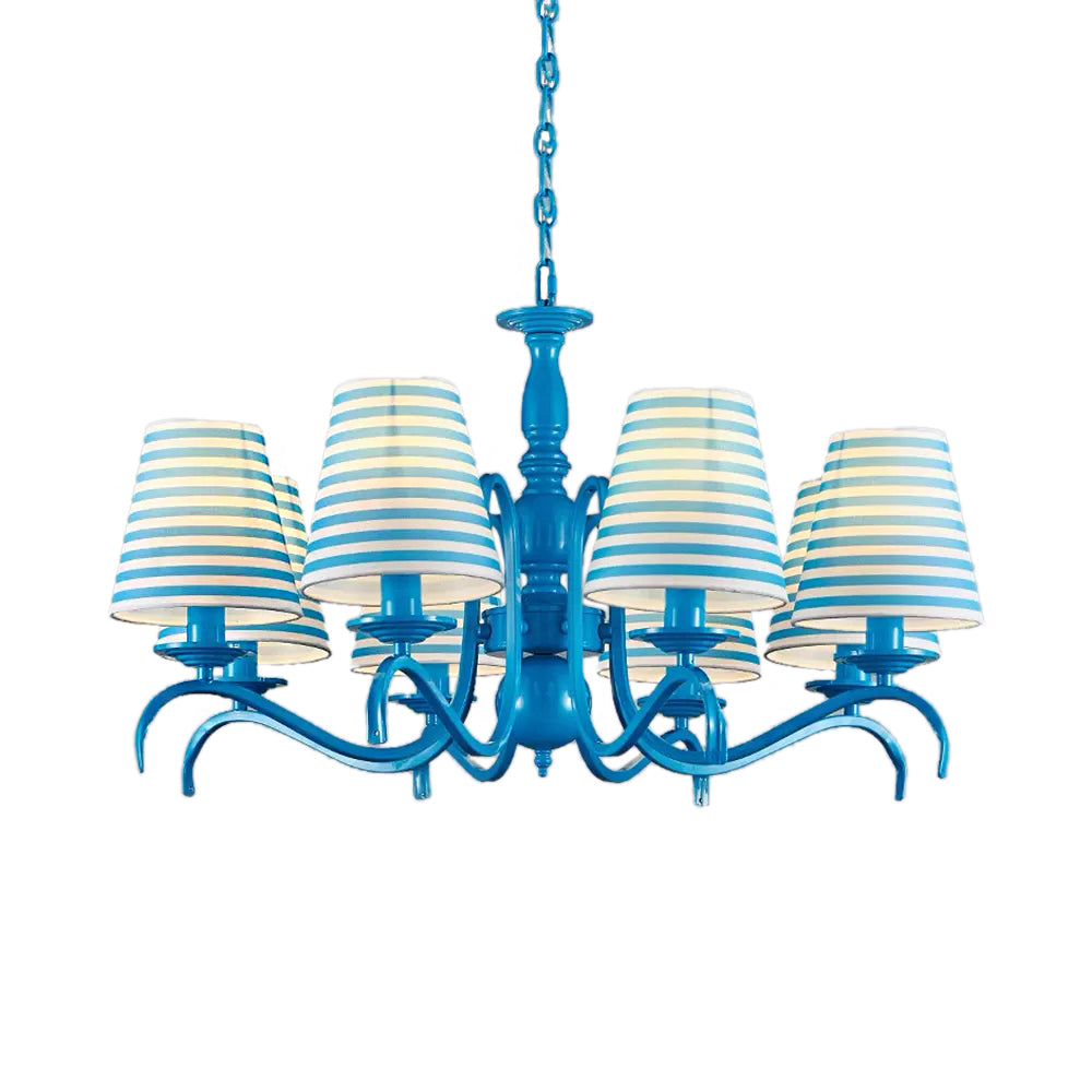 Nautical Suspension Chandelier - Tapered Metal Shade, 10 Blue Heads - Living Room Light