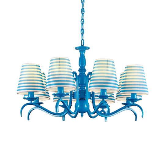 Nautical Suspension Chandelier - Tapered Metal Shade, 10 Blue Heads - Living Room Light
