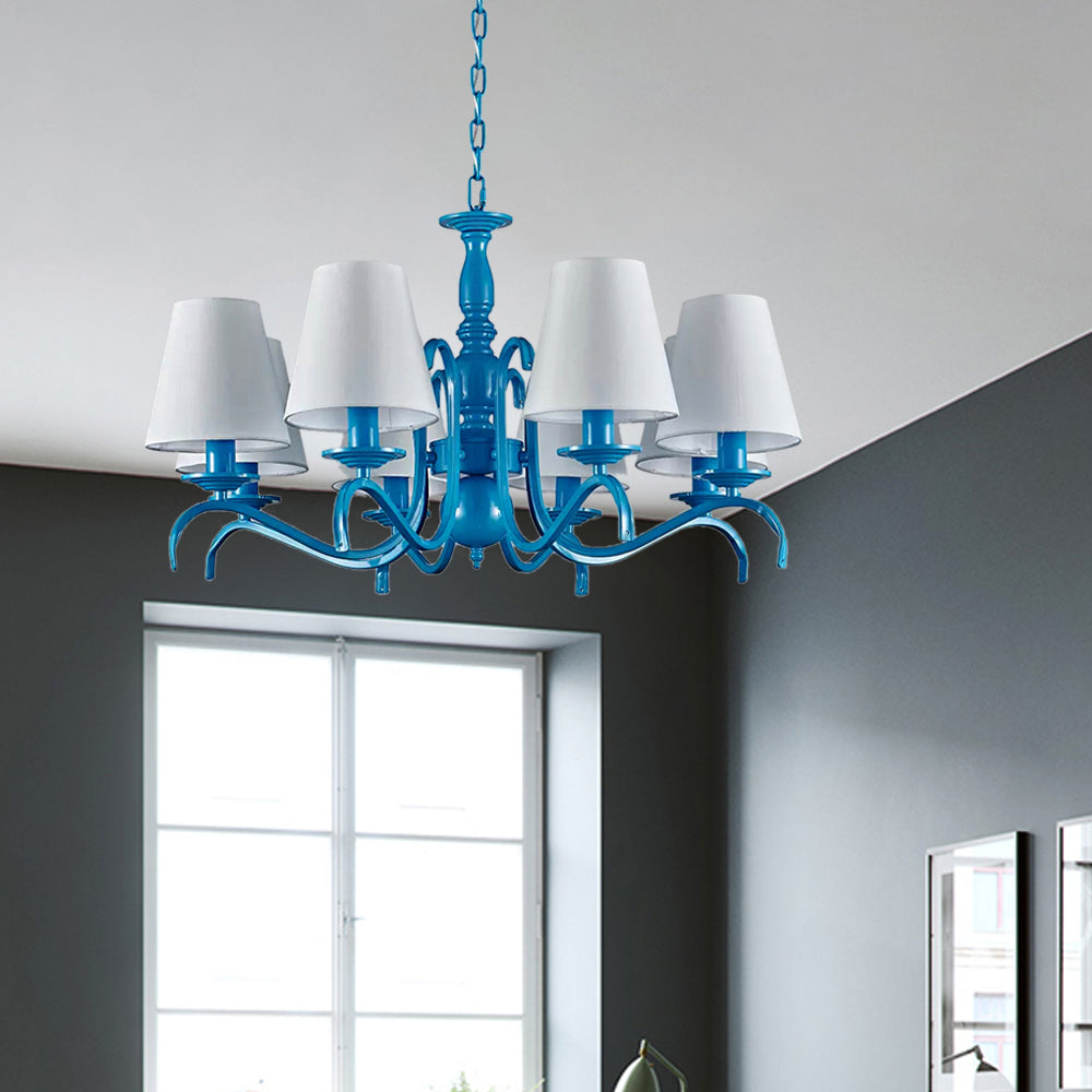 Nautical Suspension Chandelier - Tapered Metal Shade, 10 Blue Heads - Living Room Light
