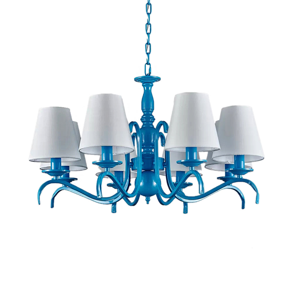 Nautical Suspension Chandelier - Tapered Metal Shade, 10 Blue Heads - Living Room Light