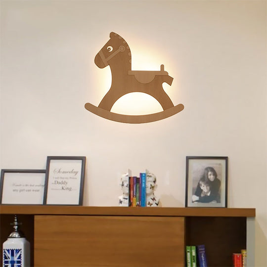 Rocking Horse Sconce: Kids LED Wall Lamp, Beige Wooden Creative Light for Living Room