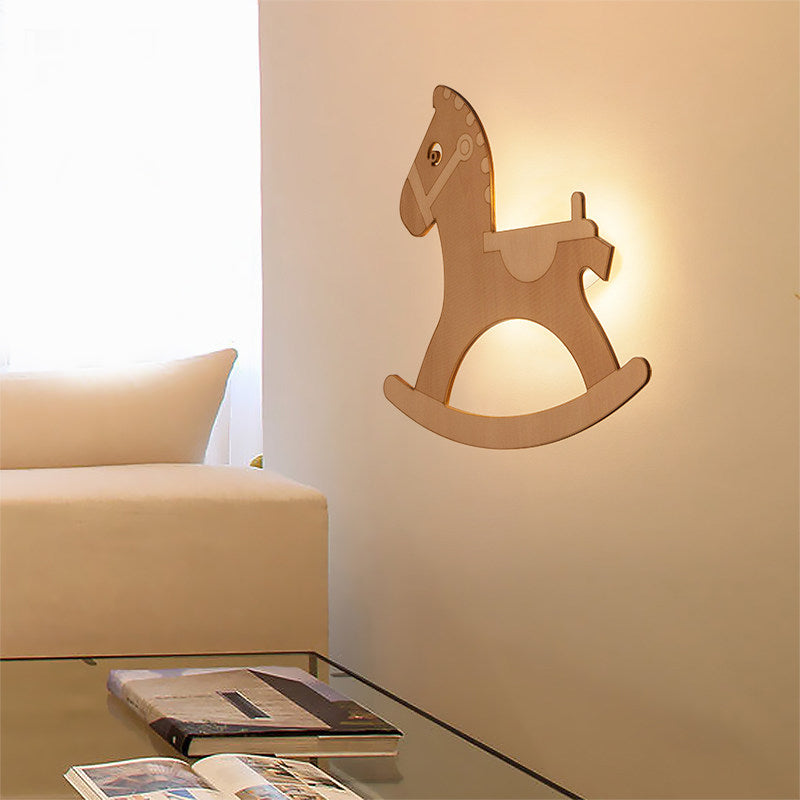 Rocking Horse Sconce: Kids LED Wall Lamp, Beige Wooden Creative Light for Living Room