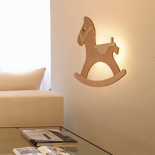 Rocking Horse Sconce: Kids LED Wall Lamp, Beige Wooden Creative Light for Living Room