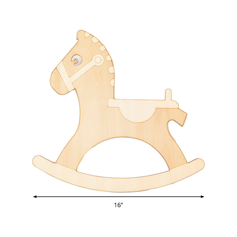Rocking Horse Sconce: Kids LED Wall Lamp, Beige Wooden Creative Light for Living Room