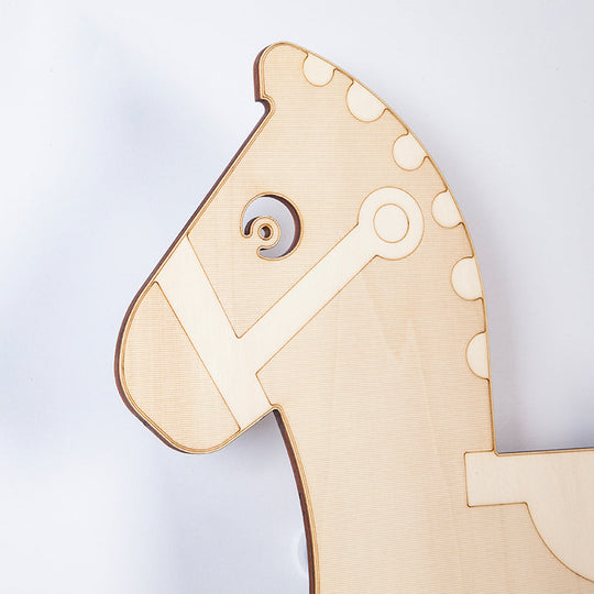 Rocking Horse Sconce: Kids LED Wall Lamp, Beige Wooden Creative Light for Living Room