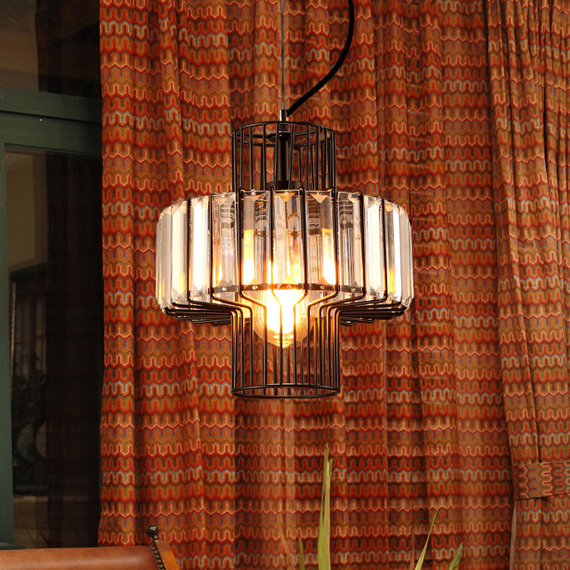 Minimalist Crystal Lantern Pendant with Metal Cage: 1 Head, Black, 10"/12.5" Width