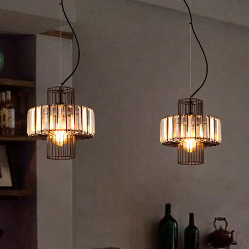 Minimalist Crystal Lantern Pendant with Metal Cage: 1 Head, Black, 10"/12.5" Width