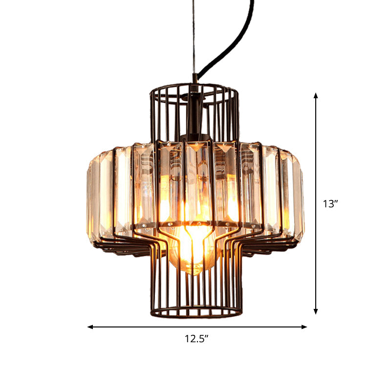 Minimalist Crystal Lantern Pendant with Metal Cage: 1 Head, Black, 10"/12.5" Width