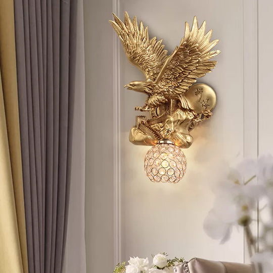 Rustic Resin Eagle Wall Sconce: Gold Single Head with Orb K9 Crystal