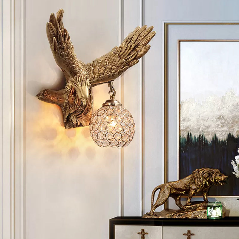 Rustic Resin Eagle Wall Sconce: Gold Single Head with Orb K9 Crystal