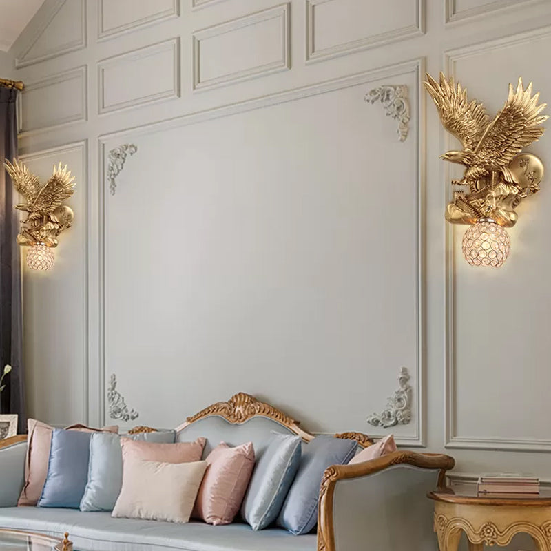 Rustic Resin Eagle Wall Sconce: Gold Single Head with Orb K9 Crystal