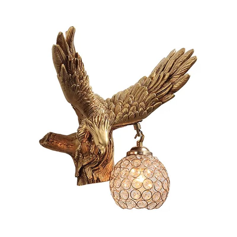 Rustic Resin Eagle Wall Sconce: Gold Single Head with Orb K9 Crystal