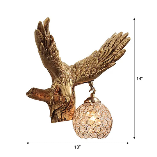 Rustic Resin Eagle Wall Sconce: Gold Single Head with Orb K9 Crystal