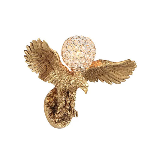 Rustic Resin Eagle Wall Sconce: Gold Single Head with Orb K9 Crystal