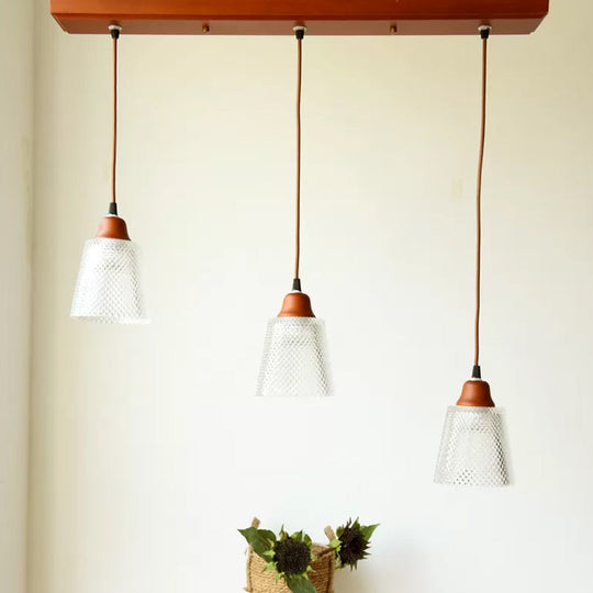 Modern Red Brown Glass Island Pendant Light - 3 Prismatic Heads, Conical/Round Suspension