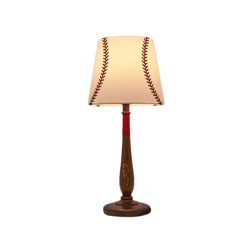 Modern Conical Fabric Table Light - 1-Light Brown/Wood Nightstand Lamp with Baseball Design