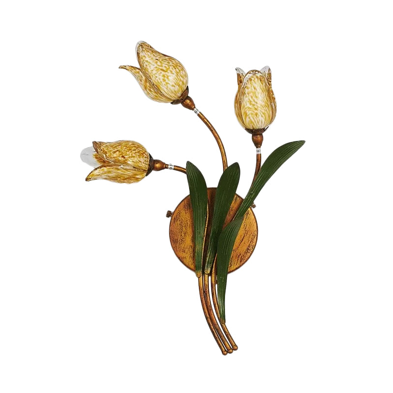 Vintage Beige Glass Tulip Nosegay Sconce Light - Antique Brass Wall Mounted Night Light (2/3/5 Heads)