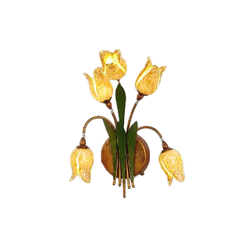 Vintage Beige Glass Tulip Nosegay Sconce Light - Antique Brass Wall Mounted Night Light (2/3/5 Heads)