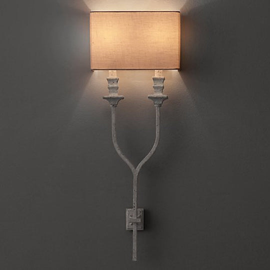 Fork Shape Wall Sconce Countryside Metal Light Fixture - 2-Bulb White/Rust Finish with Fabric Rectangle Shade