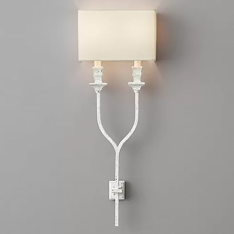 Fork Shape Wall Sconce Countryside Metal Light Fixture - 2-Bulb White/Rust Finish with Fabric Rectangle Shade