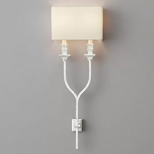 Fork Shape Wall Sconce Countryside Metal Light Fixture - 2-Bulb White/Rust Finish with Fabric Rectangle Shade