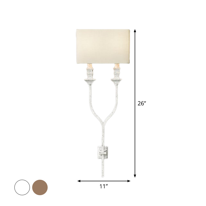 Fork Shape Wall Sconce Countryside Metal Light Fixture - 2-Bulb White/Rust Finish with Fabric Rectangle Shade