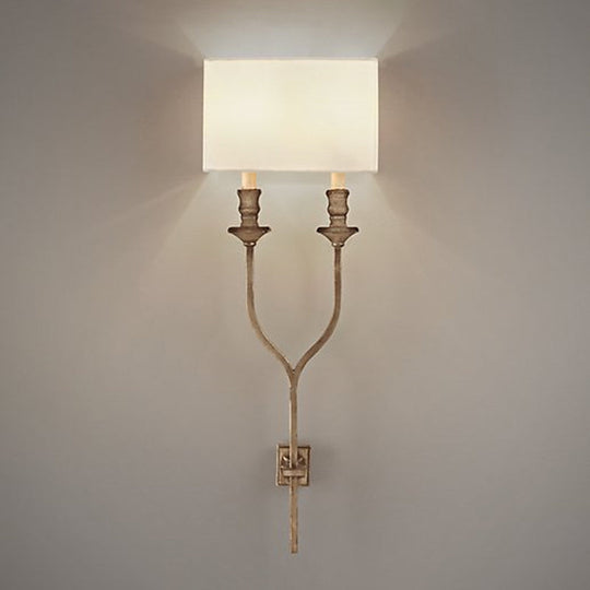 Fork Shape Wall Sconce Countryside Metal Light Fixture - 2-Bulb White/Rust Finish with Fabric Rectangle Shade