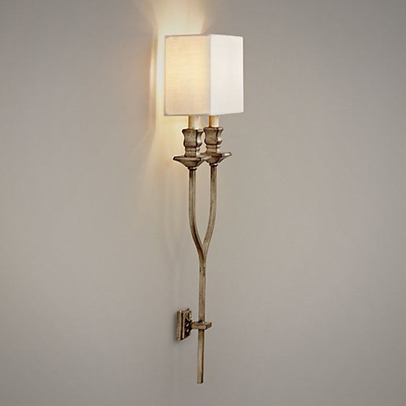 Fork Shape Wall Sconce Countryside Metal Light Fixture - 2-Bulb White/Rust Finish with Fabric Rectangle Shade