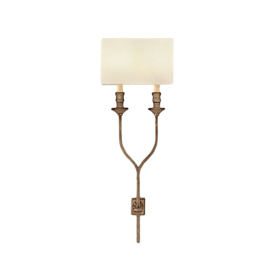 Fork Shape Wall Sconce Countryside Metal Light Fixture - 2-Bulb White/Rust Finish with Fabric Rectangle Shade