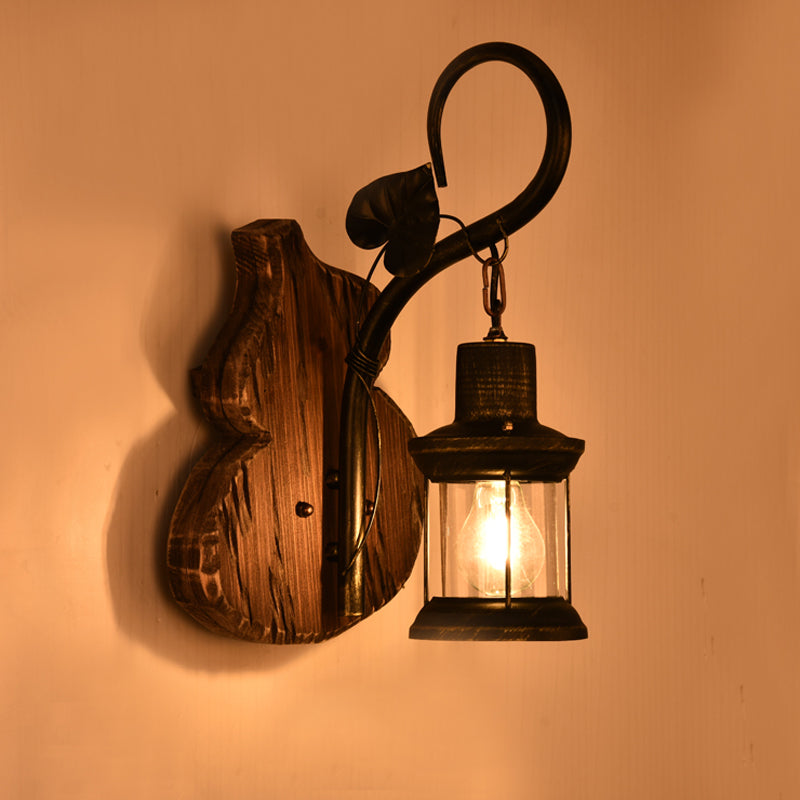Nautical Wood Kerosene Lantern Wall Lamp: Brown Wall Mount Light with Wood Backplate