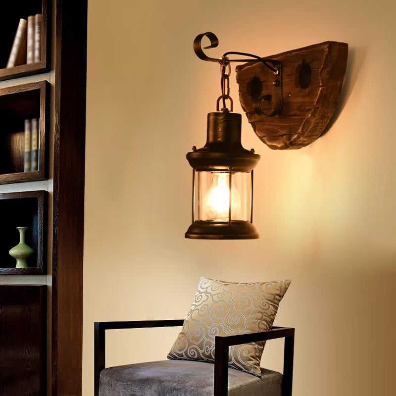 Nautical Wood Kerosene Lantern Wall Lamp: Brown Wall Mount Light with Wood Backplate