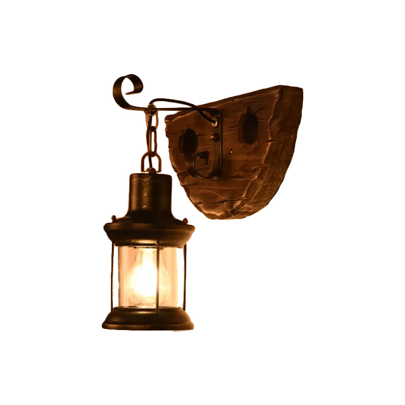 Nautical Wood Kerosene Lantern Wall Lamp: Brown Wall Mount Light with Wood Backplate