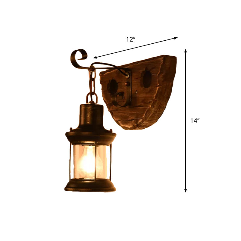 Nautical Wood Kerosene Lantern Wall Lamp: Brown Wall Mount Light with Wood Backplate
