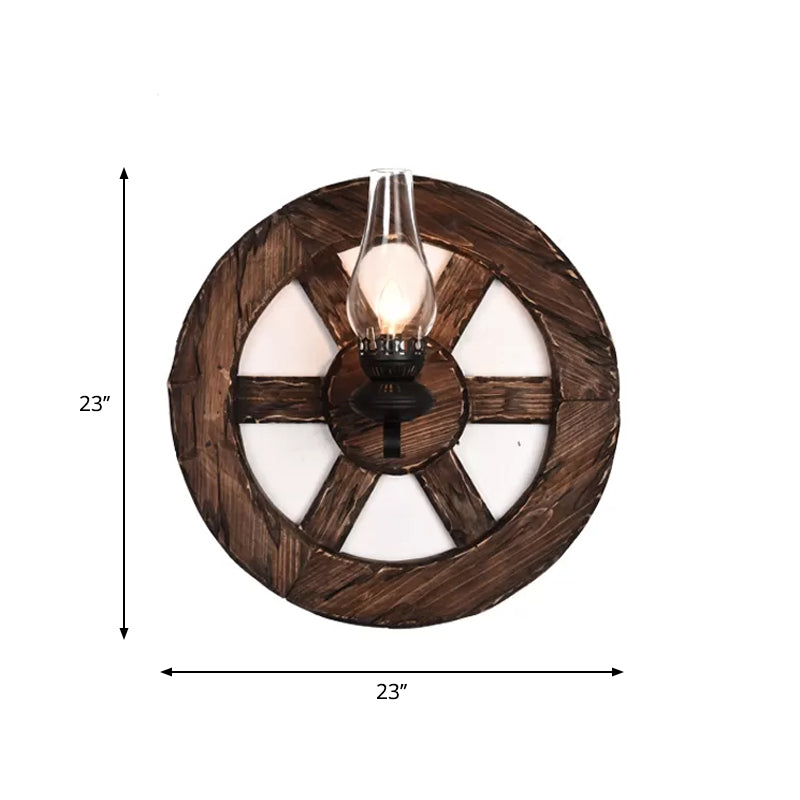 Nautical Wood Kerosene Lantern Wall Lamp: Brown Wall Mount Light with Wood Backplate
