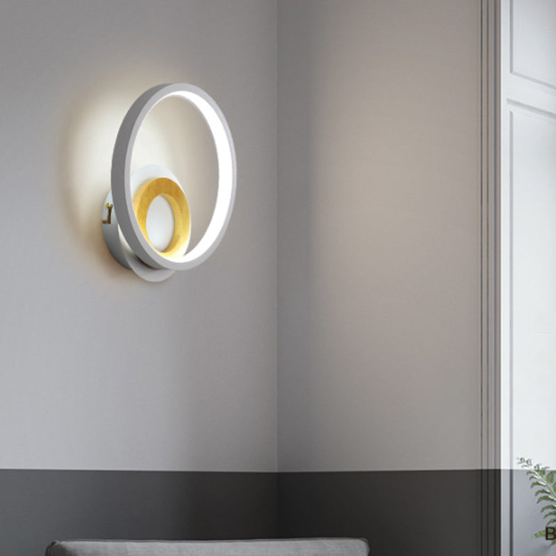 Nordic White and Wood Double Ring LED Wall Lamp - Warm/White Light for Home