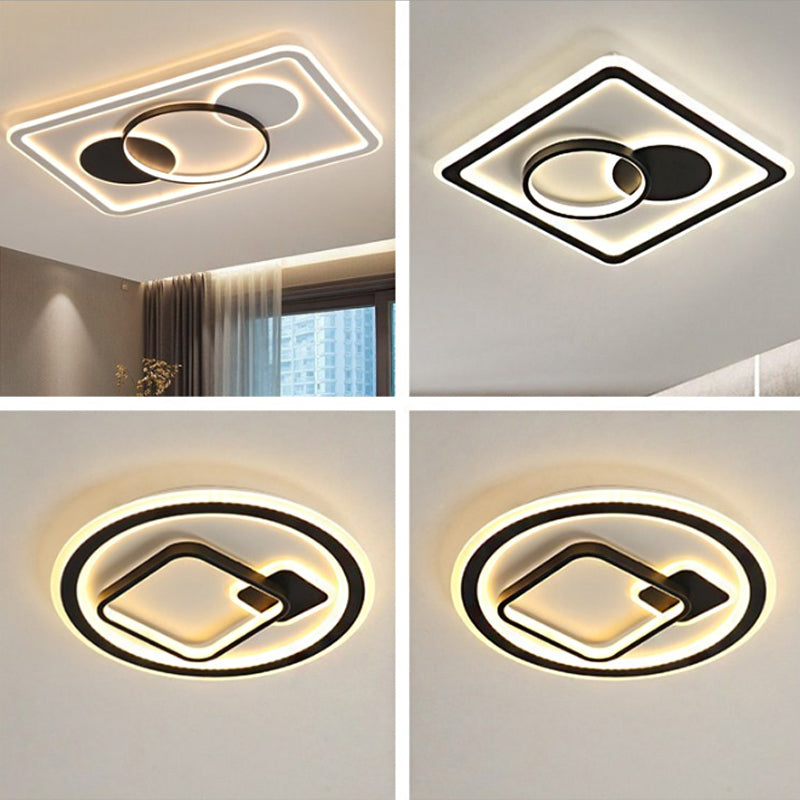 Modern LED Flush Mount Lamp in Black - Round/Square Hotel Ceiling Fixture, Aluminum Design with Warm/White/3 Color Light Options