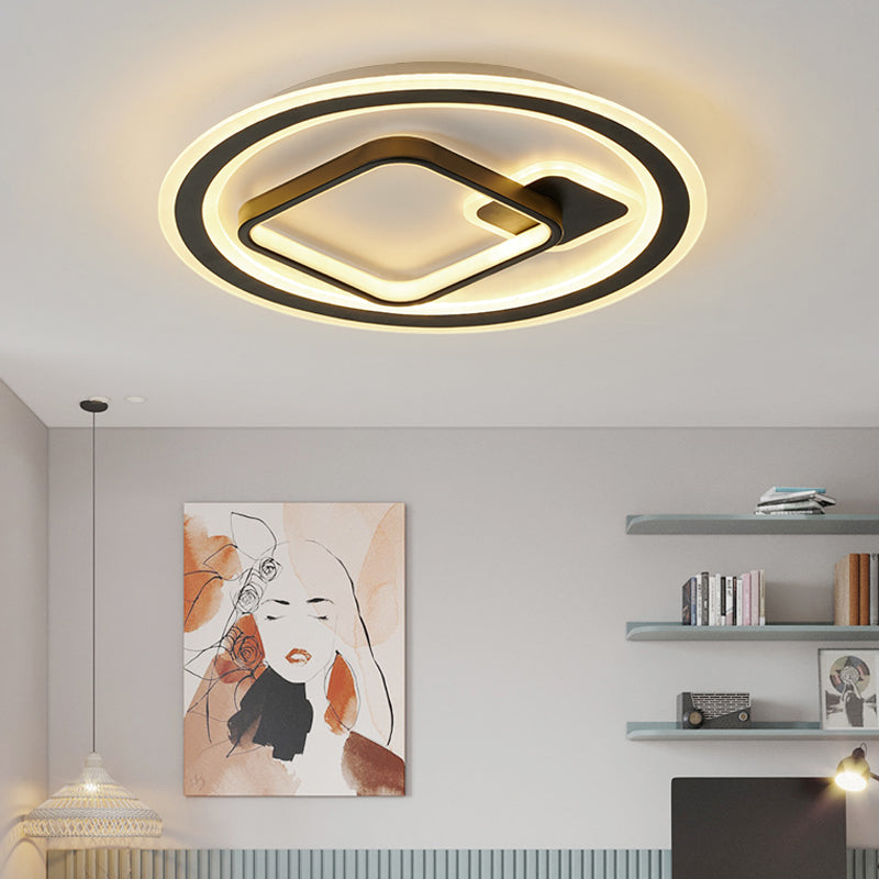 Modern LED Flush Mount Lamp in Black - Round/Square Hotel Ceiling Fixture, Aluminum Design with Warm/White/3 Color Light Options