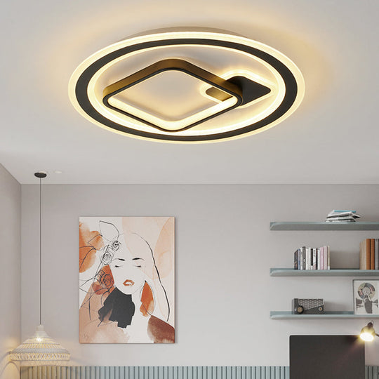 Modern LED Flush Mount Lamp in Black - Round/Square Hotel Ceiling Fixture, Aluminum Design with Warm/White/3 Color Light Options