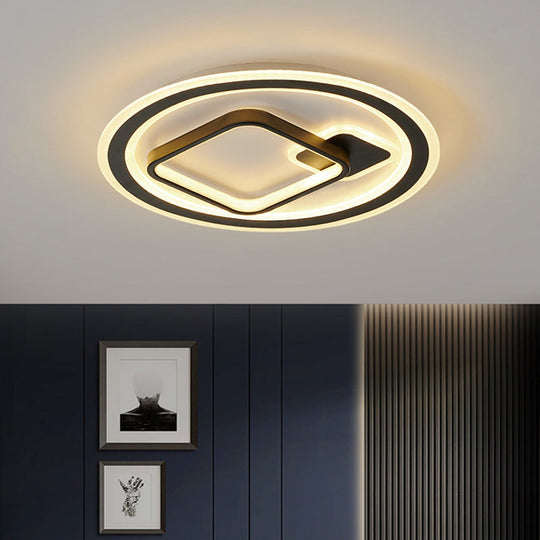 Modern LED Flush Mount Lamp in Black - Round/Square Hotel Ceiling Fixture, Aluminum Design with Warm/White/3 Color Light Options