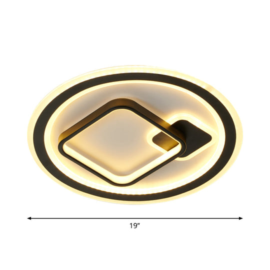 Modern LED Flush Mount Lamp in Black - Round/Square Hotel Ceiling Fixture, Aluminum Design with Warm/White/3 Color Light Options