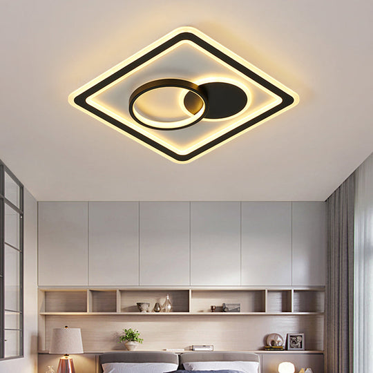Modern LED Flush Mount Lamp in Black - Round/Square Hotel Ceiling Fixture, Aluminum Design with Warm/White/3 Color Light Options