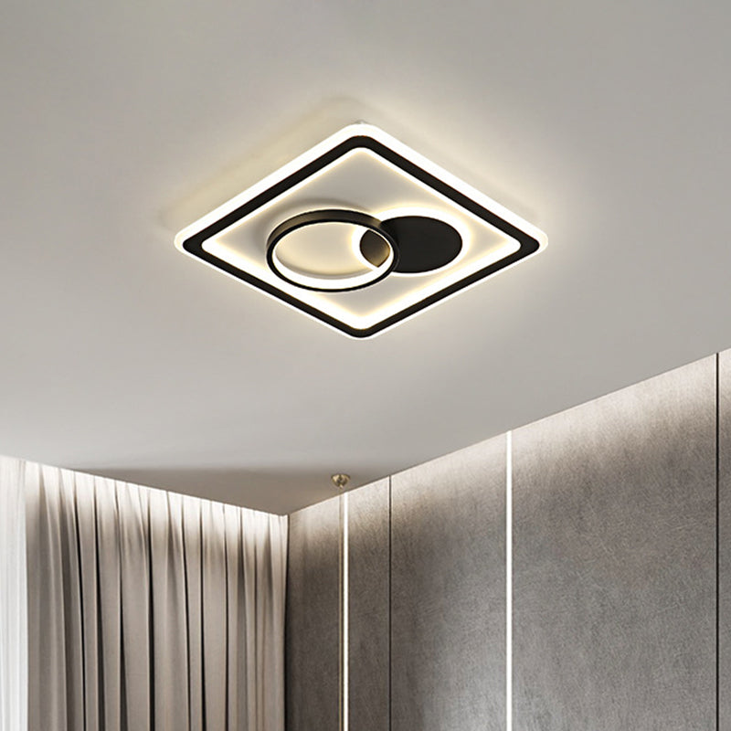 Modern LED Flush Mount Lamp in Black - Round/Square Hotel Ceiling Fixture, Aluminum Design with Warm/White/3 Color Light Options