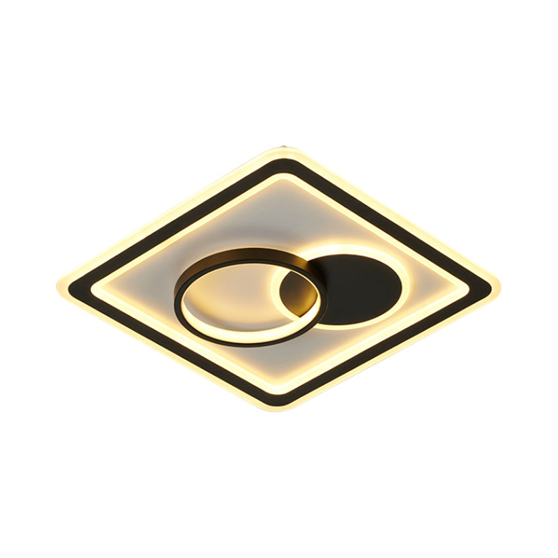 Modern LED Flush Mount Lamp in Black - Round/Square Hotel Ceiling Fixture, Aluminum Design with Warm/White/3 Color Light Options