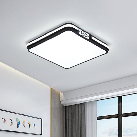 Minimal Black LED Flush Light Fixture - Dining Room Ceiling Mount Lamp with Acrylic Shade (Rectangular/Round/Square) - White/3 Color Light Option