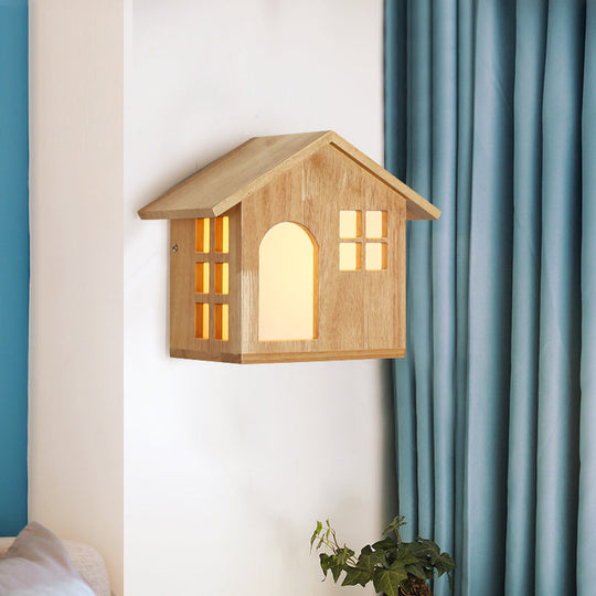 Lodge Shaped Wood Beige Wall Sconce Light for Kids' Restaurant & Bedroom