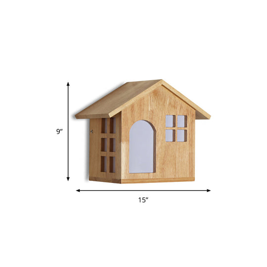 Lodge Shaped Wood Beige Wall Sconce Light for Kids' Restaurant & Bedroom